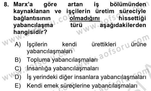 Çalışma Sosyolojisi Dersi 2019 - 2020 Yılı (Vize) Ara Sınavı 8. Soru