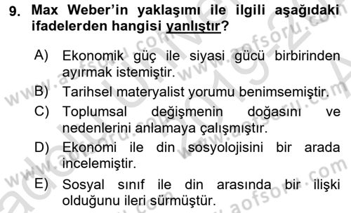 Çalışma Sosyolojisi Dersi 2019 - 2020 Yılı (Vize) Ara Sınavı 9. Soru