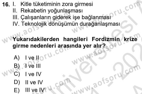 Çalışma Sosyolojisi Dersi 2021 - 2022 Yılı (Vize) Ara Sınavı 16. Soru