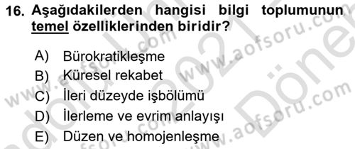 Çalışma Sosyolojisi Dersi 2021 - 2022 Yılı (Final) Dönem Sonu Sınavı 16. Soru