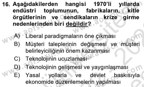 Çalışma Sosyolojisi Dersi 2022 - 2023 Yılı (Final) Dönem Sonu Sınavı 16. Soru