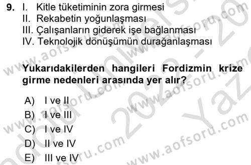 Çalışma Sosyolojisi Dersi 2022 - 2023 Yılı Yaz Okulu Sınavı 9. Soru