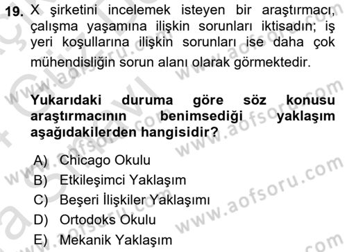 Çalışma Sosyolojisi Dersi 2023 - 2024 Yılı (Vize) Ara Sınavı 19. Soru