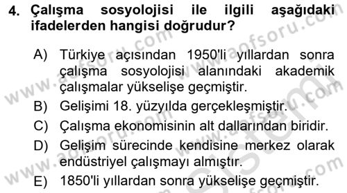 Çalışma Sosyolojisi Dersi 2023 - 2024 Yılı (Vize) Ara Sınavı 4. Soru