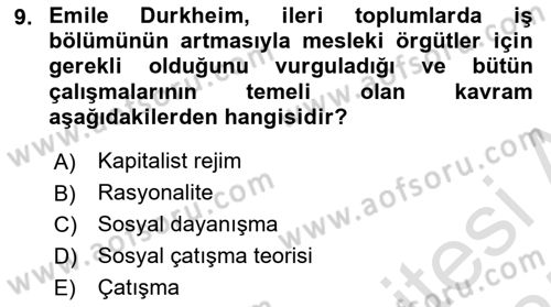 Çalışma Sosyolojisi Dersi Ara Sınavı Deneme Sınav Soruları 9. Soru