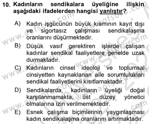 Çalışma Sosyolojisi Dersi 2024 - 2025 Yılı Yaz Okulu Sınav Soruları 10. Soru