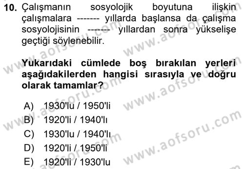 Çalışma Sosyolojisi Dersi 2025 - 2026 Yılı (Vize) Ara Sınav Soruları 10. Soru