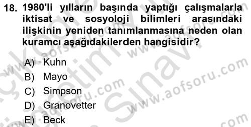 Çalışma Sosyolojisi Dersi 2025 - 2026 Yılı (Vize) Ara Sınav Soruları 18. Soru