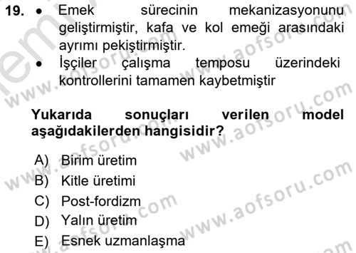 Çalışma Sosyolojisi Dersi 2025 - 2026 Yılı (Vize) Ara Sınav Soruları 19. Soru