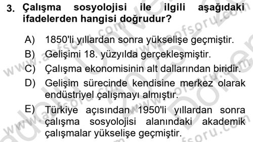 Çalışma Sosyolojisi Dersi 2025 - 2026 Yılı (Final) Dönem Sonu Sınav Soruları 3. Soru