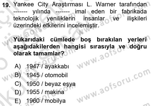 Çalışma Sosyolojisi Dersi 2025 - 2026 Yılı Yaz Okulu Sınav Soruları 19. Soru