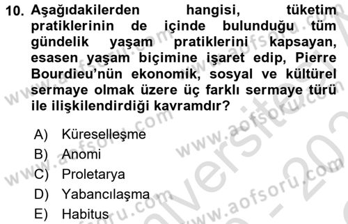 Tüketim Sosyolojisi Dersi 2020 - 2021 Yılı Yaz Okulu Sınav Soruları 10. Soru