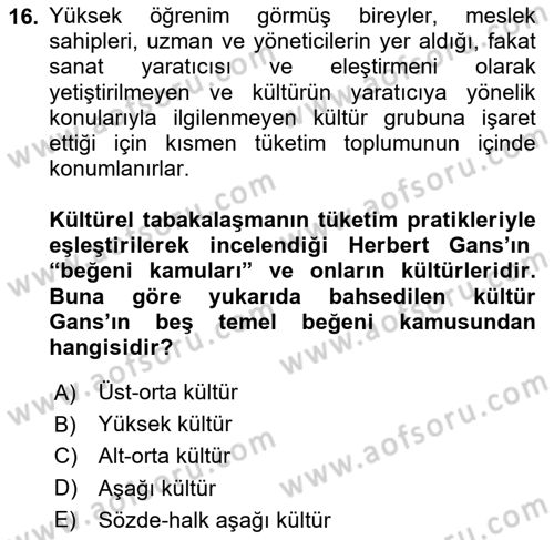 Tüketim Sosyolojisi Dersi 2021 - 2022 Yılı (Vize) Ara Sınav Soruları 16. Soru