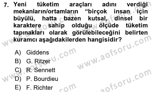 Tüketim Sosyolojisi Dersi 2022 - 2023 Yılı Yaz Okulu Sınav Soruları 7. Soru