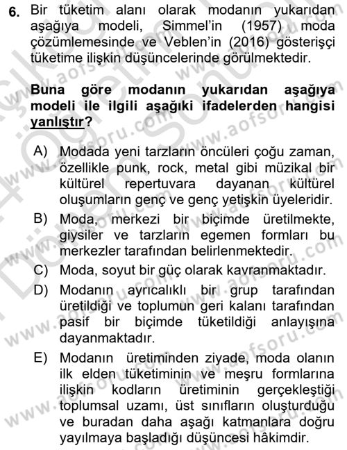 Tüketim Sosyolojisi Dersi 2023 - 2024 Yılı (Final) Dönem Sonu Sınav Soruları 6. Soru