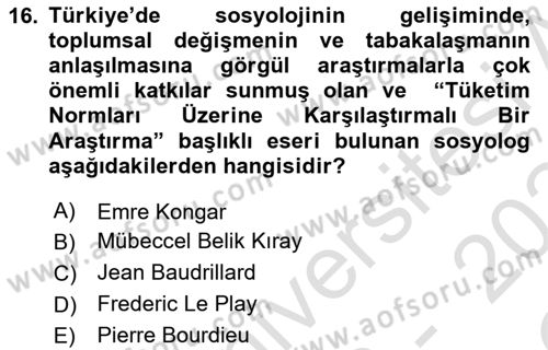 Tüketim Sosyolojisi Dersi 2023 - 2024 Yılı Yaz Okulu Sınavı 16. Soru
