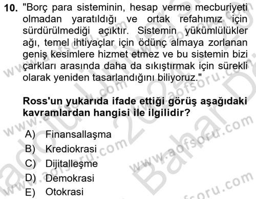 Tüketim Sosyolojisi Dersi 2024 - 2025 Yılı (Vize) Ara Sınav Soruları 10. Soru