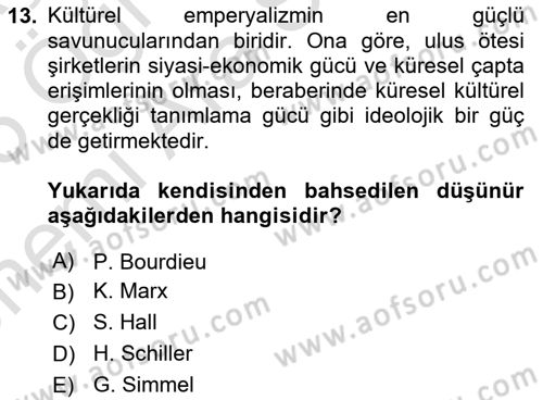 Tüketim Sosyolojisi Dersi 2024 - 2025 Yılı (Vize) Ara Sınav Soruları 13. Soru