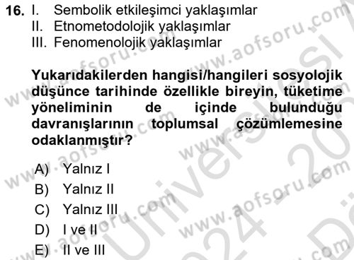Tüketim Sosyolojisi Dersi 2024 - 2025 Yılı (Vize) Ara Sınav Soruları 16. Soru