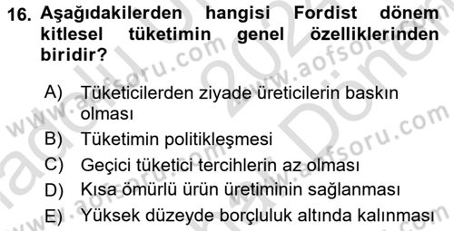 Tüketim Sosyolojisi Dersi 2024 - 2025 Yılı (Final) Dönem Sonu Sınav Soruları 16. Soru