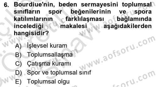 Spor Bilimlerine Giriş Dersi 2024 - 2025 Yılı Yaz Okulu Sınav Soruları 6. Soru