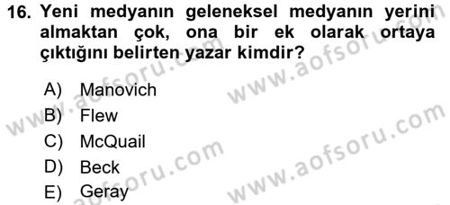 Spor ve Medya İlişkisi Dersi 2016 - 2017 Yılı 3 Ders Sınav Soruları 16. Soru