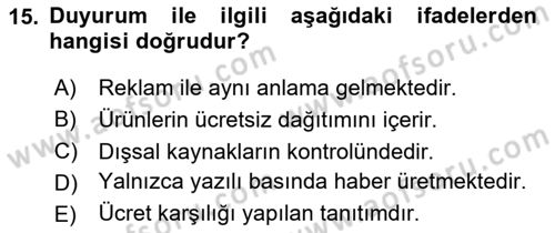 Spor ve Medya İlişkisi Dersi 2023 - 2024 Yılı (Vize) Ara Sınav Soruları 15. Soru