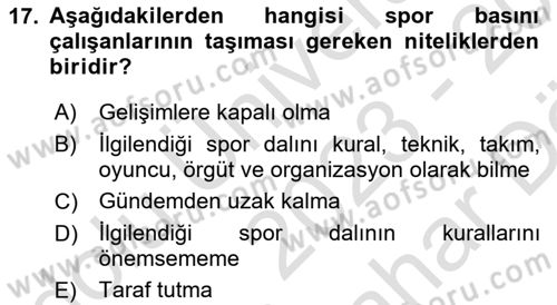 Spor ve Medya İlişkisi Dersi 2023 - 2024 Yılı (Vize) Ara Sınav Soruları 17. Soru