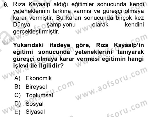 Spor Eğitimi Dersi Ara Sınavı Deneme Sınav Soruları 6. Soru