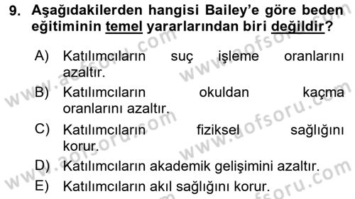 Spor Eğitimi Dersi Ara Sınavı Deneme Sınav Soruları 9. Soru