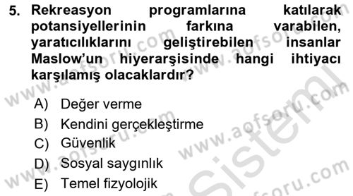 Boş Zaman ve Rekreasyon Yönetimi Dersi Ara Sınavı Deneme Sınav Soruları 5. Soru