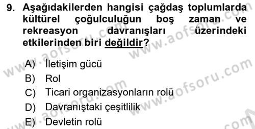 Boş Zaman ve Rekreasyon Yönetimi Dersi Ara Sınavı Deneme Sınav Soruları 9. Soru