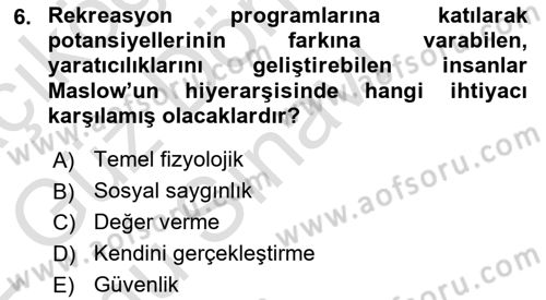 Boş Zaman ve Rekreasyon Yönetimi Dersi 2021 - 2022 Yılı (Final) Dönem Sonu Sınav Soruları 6. Soru