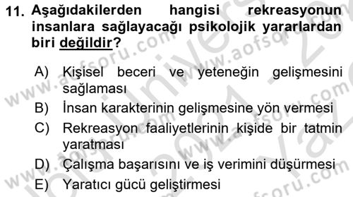 Boş Zaman ve Rekreasyon Yönetimi Dersi 2021 - 2022 Yılı Yaz Okulu Sınavı 11. Soru