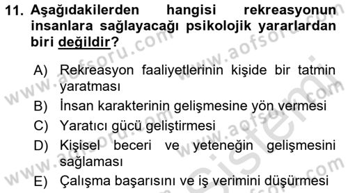 Boş Zaman ve Rekreasyon Yönetimi Dersi 2022 - 2023 Yılı (Final) Dönem Sonu Sınavı 11. Soru