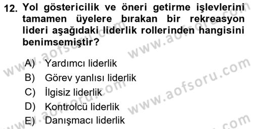 Boş Zaman ve Rekreasyon Yönetimi Dersi 2023 - 2024 Yılı (Final) Dönem Sonu Sınav Soruları 12. Soru