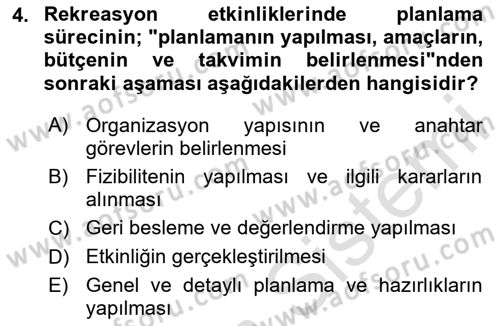 Boş Zaman ve Rekreasyon Yönetimi Dersi 2023 - 2024 Yılı Yaz Okulu Sınav Soruları 4. Soru
