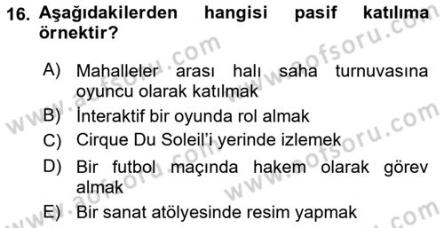 Boş Zaman ve Rekreasyon Yönetimi Dersi Ara Sınavı Deneme Sınav Soruları 16. Soru