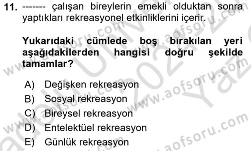Boş Zaman ve Rekreasyon Yönetimi Dersi 2024 - 2025 Yılı Yaz Okulu Sınav Soruları 11. Soru
