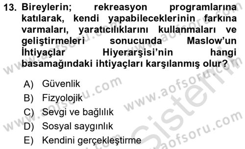 Boş Zaman ve Rekreasyon Yönetimi Dersi 2024 - 2025 Yılı Yaz Okulu Sınav Soruları 13. Soru