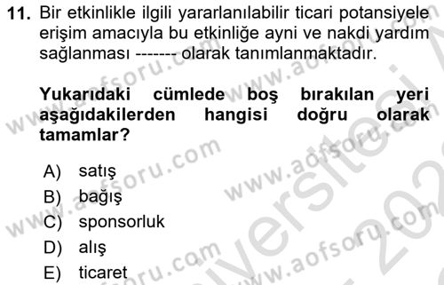 Etkinlik Yönetimi Dersi 2021 - 2022 Yılı Yaz Okulu Sınav Soruları 11. Soru