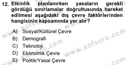 Etkinlik Yönetimi Dersi 2023 - 2024 Yılı (Final) Dönem Sonu Sınav Soruları 12. Soru
