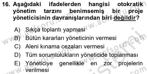 Etkinlik Yönetimi Dersi 2023 - 2024 Yılı Yaz Okulu Sınav Soruları 16. Soru