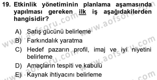 Etkinlik Yönetimi Dersi 2023 - 2024 Yılı Yaz Okulu Sınav Soruları 19. Soru