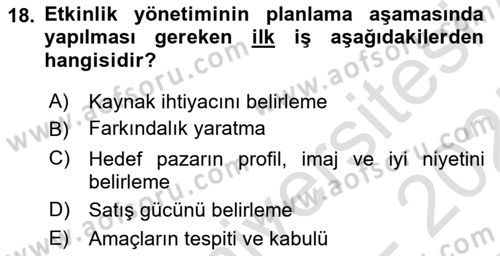 Etkinlik Yönetimi Dersi 2024 - 2025 Yılı (Final) Dönem Sonu Sınav Soruları 18. Soru