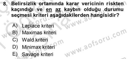Sporda Risk Yönetimi Dersi 2020 - 2021 Yılı Yaz Okulu Sınav Soruları 8. Soru