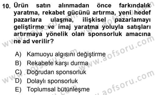 Sporda Sponsorluk Dersi 2016 - 2017 Yılı 3 Ders Sınav Soruları 10. Soru
