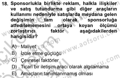 Sporda Sponsorluk Dersi 2016 - 2017 Yılı 3 Ders Sınav Soruları 18. Soru