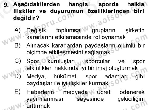Sporda Sponsorluk Dersi 2017 - 2018 Yılı (Vize) Ara Sınav Soruları 9. Soru