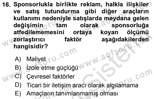 Sporda Sponsorluk Dersi 2018 - 2019 Yılı 3 Ders Sınav Soruları 16. Soru